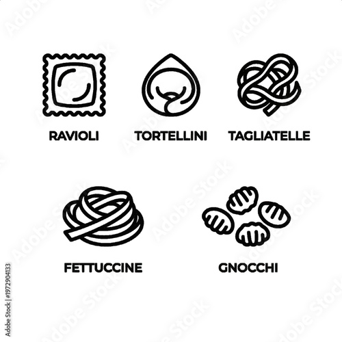 A set of five Italian pasta icons on transparent background