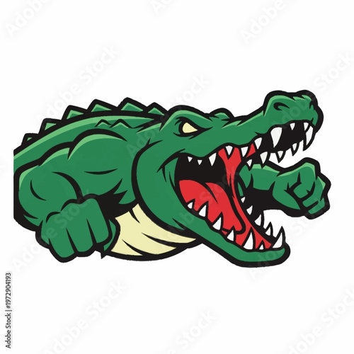 Aggressive Green Alligator Mascot with Open Mouth and Sharp Teeth.