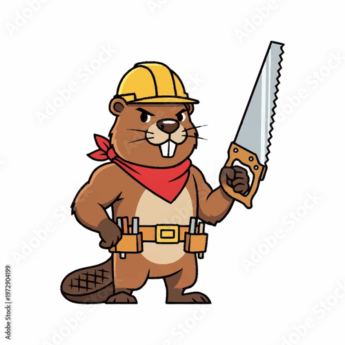 Cartoon beaver wearing hard hat and tool belt holding a saw.