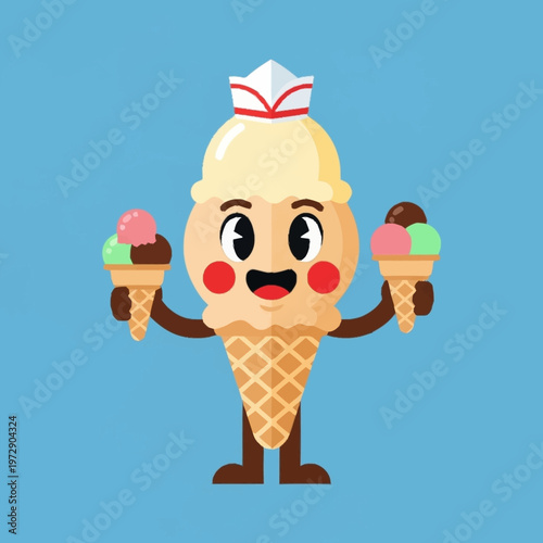Cute Ice Cream Cone Character with Chef Hat Holding Two Ice Cream Cones.