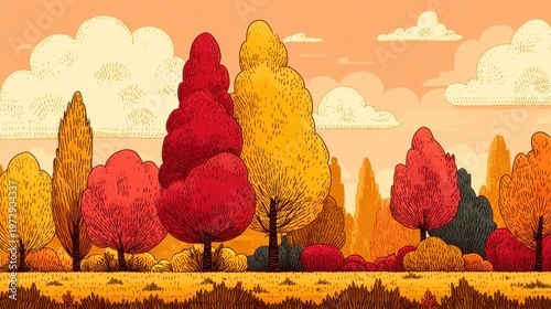 Illustration of colorful autumn trees in a vibrant landscape