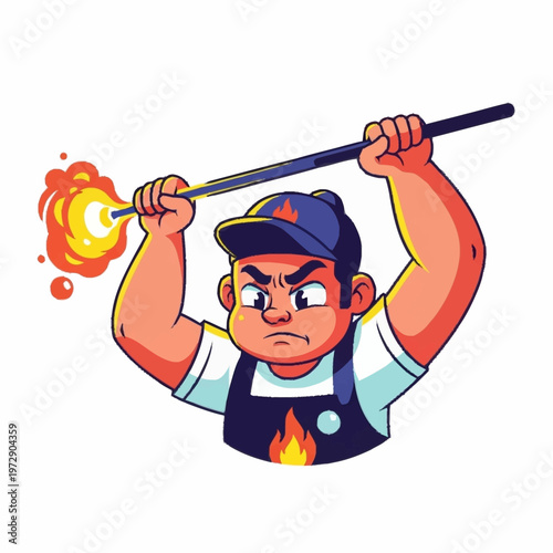 Determined glassblower crafting with fiery intensity.