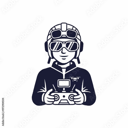Person wearing pilot helmet and goggles operating a drone remote control.