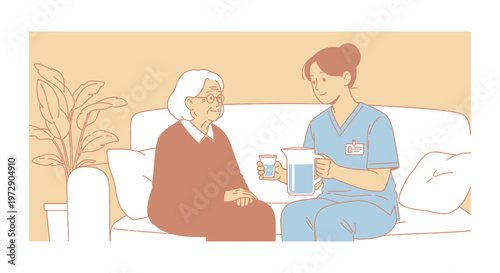 Nurse caring for elderly woman, offering water, home healthcare, support, compassion