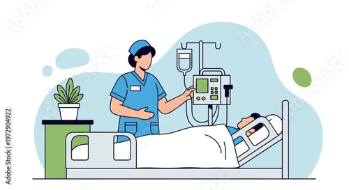 Nurse caring for patient in hospital bed with medical equipment