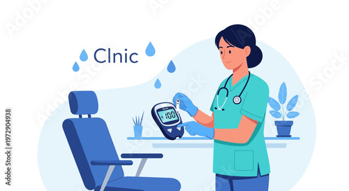 Nurse checking blood sugar level with glucometer in clinic, diabetes care concept