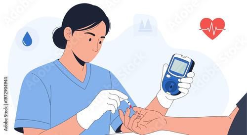 Nurse checking blood sugar level with glucometer, diabetes test, healthcare concept
