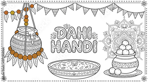 Janmashtami Dahi Handi Festival Line Art Coloring Page with Traditional Indian Sweets and Decorations Celebration
