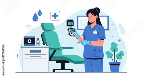 Nurse checking blood sugar level with glucometer in medical clinic, diabetes care