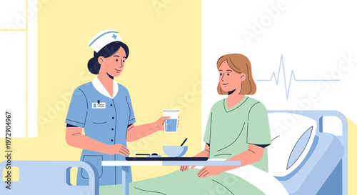 Nurse caring for patient in hospital bed, serving food and water, medical care concept
