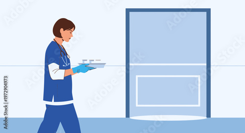 Nurse carrying medical supplies on a tray in a hospital hallway near a door