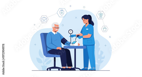 Nurse checking elderly man's blood pressure, healthcare concept