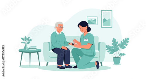 Nurse checking elderly man's smartwatch for health monitoring at home