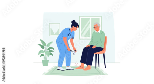 Nurse checking elderly man's reflexes with reflex hammer in clinic