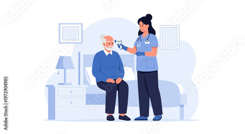 Nurse checking elderly man's temperature with digital thermometer in bedroom