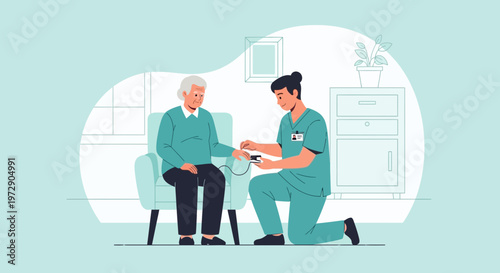 Nurse checking elderly patient's oxygen saturation level at home, healthcare concept
