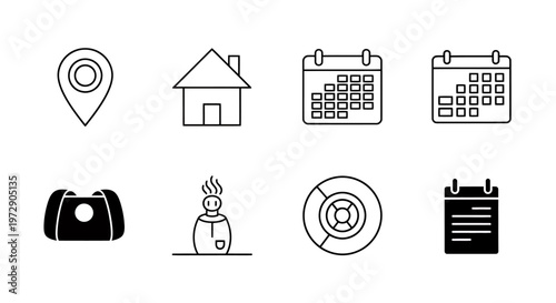 Iconography Collection of Travel and Home Elements Including Pin, Calendar, Camera, and Buddha Statue.