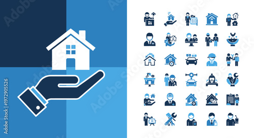 Supportive hand cradling a house emblem with community icons representing housing and unity.