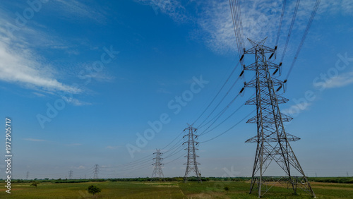 Canvas Print High Voltage Power Transmission Lines Across Rural Landscape | Electricity Grid