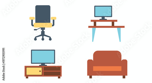 Set of four flat design home furniture icons: chair, desk with monitor, TV stand, and sofa.