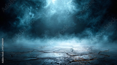 Fog Smoke Stage, Dark Studio Background, Dramatic Mist Atmosphere, Spotlight Floor Scene, Dark Fog Environment, Smoke Floor Background, Moody Stage Scene, Dramatic Light.
