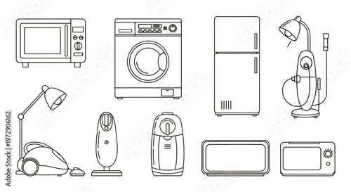 Collection of common home appliances and compact electronics in a line art style.