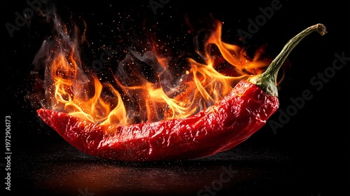 Flaming Chili Pepper, Spicy Food Fire Effect, Hot Pepper Flame Concept, Dark Background, Spicy Chili Flame, Hot Food Energy Concept, Fire Pepper Motion, Dramatic Visual.