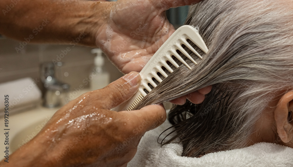 Naklejka premium Caregiver Combing Elderly Hair During Personal Hygiene Routine