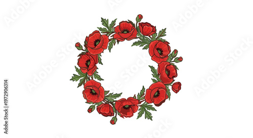 A poignant hand-drawn poppy wreath illustration, beautifully symbolizing remembrance, peace, and sacrifice, ideal for Anzac Day commemorations and honoring veterans with solemn respect