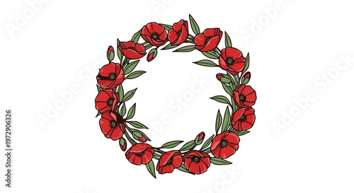 Vibrant red poppy wreath illustration for Anzac Day remembrance, a beautiful hand-drawn floral design symbolizing solemn respect, sacrifice, and enduring peace for national commemoration events
