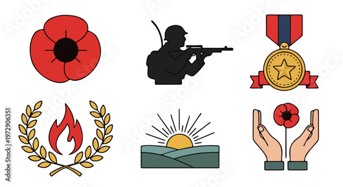 A heartfelt collection of Anzac Day remembrance symbols and patriotic emblems honoring service, sacrifice, and the spirit of dawn commemorations