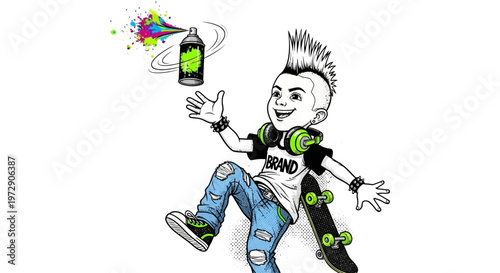 Young punk kid with mohawk, headphones, and skateboard, spraying neon green paint