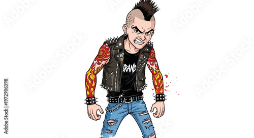 Angry punk rocker with mohawk and tattoos, aggressive stance, ripped jeans, leather vest
