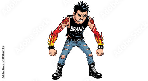 Angry punk man with flaming arms and ripped jeans