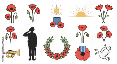 A comprehensive collection of remembrance icons and symbols, perfect for Anzac Day commemorations, honoring veterans and their sacrifices with solemn tribute