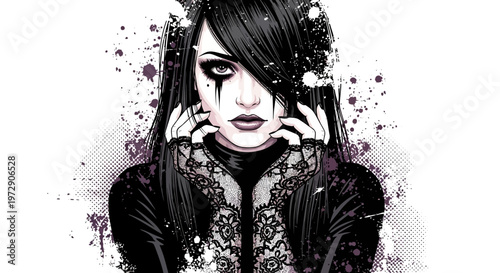 Gothic Woman Portrait, Dark Makeup, Black Hair, Lace Outfit, Splatter Effect