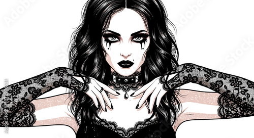 Gothic Woman Portrait, Dark Makeup, Lace Gloves, Choker Necklace
