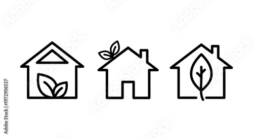 Set of three eco friendly house icons with leaves representing sustainable architecture and green living.