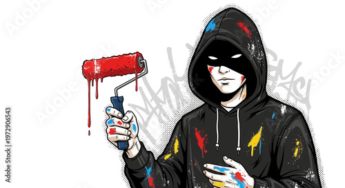 Hooded figure with paint roller, splattered with paint, graffiti background