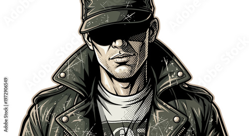 Man in Leather Jacket and Cap, Comic Style Portrait