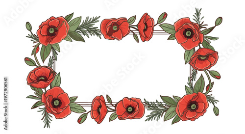 A wreath of vibrant red poppies and green foliage, a poignant floral border perfect for Anzac Day remembrance and reflection