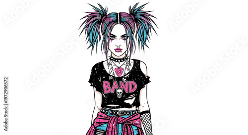 Punk girl with colorful hair and ripped clothes, defiant expression
