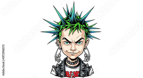 Punk character with green mohawk, piercings, and leather jacket