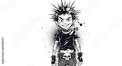 Punk Kid with Spiky Hair and Skull Belt Buckle