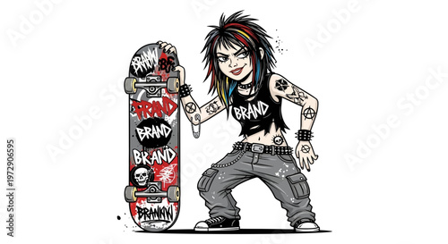 Punk girl with skateboard, rebellious youth, alternative lifestyle, street art style