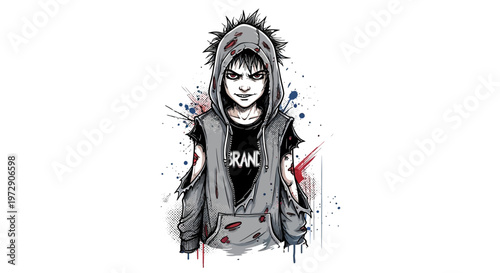 Punk Kid with Spiky Hair and Hoodie, Aggressive Stance, Grunge Style