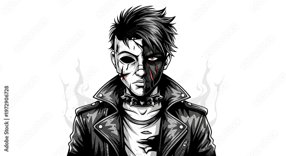 Obraz premium Punk Rocker with Half Face Painted, Leather Jacket, Spiked Collar, Black and White Illustration