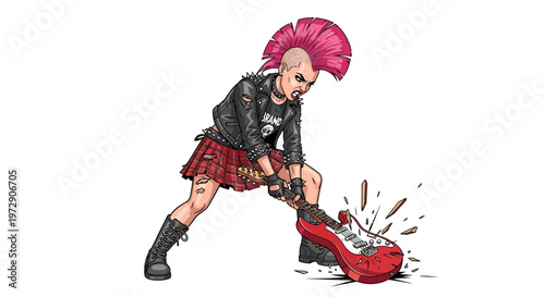Punk rocker smashing a red shoe with a guitar