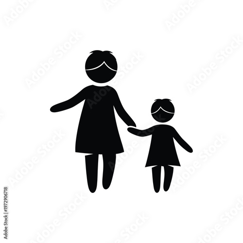 Mother and daughter holding hands simple black silhouette.