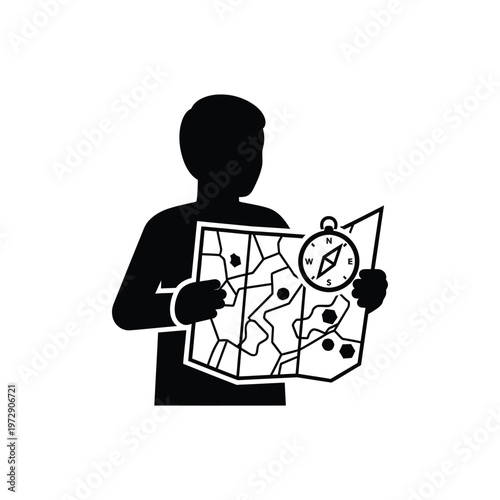 Quadro su tela Person holding map and compass for navigation and exploration.